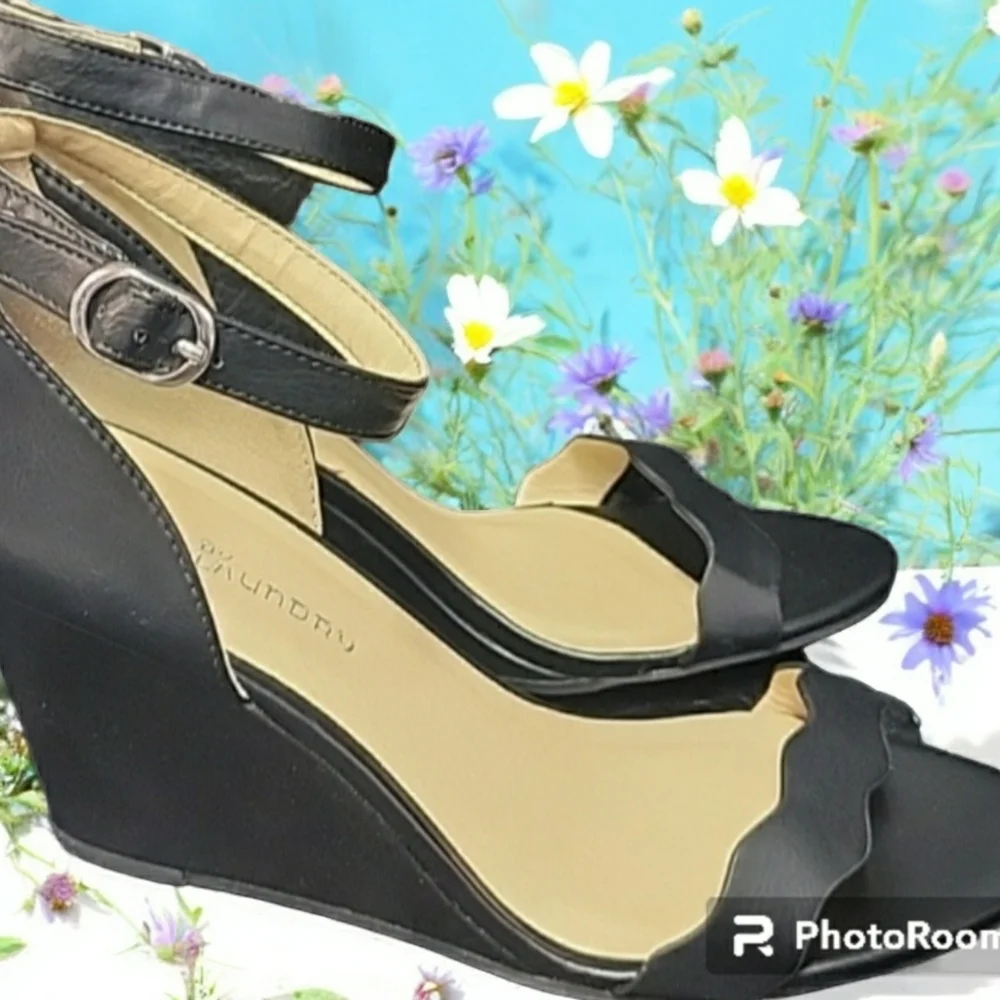 CL by Launday size 8 black ankle straps wedges.